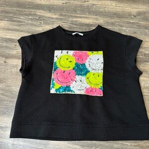 See and Be Seen Sequin Smiley Face Top Black Textured Crop Size S Fun